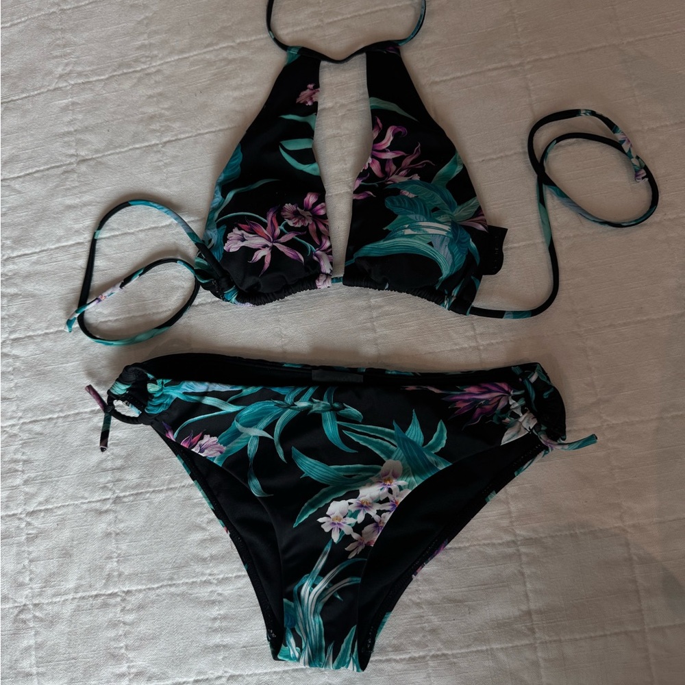 La Hearts Black and Teal Floral Bikini